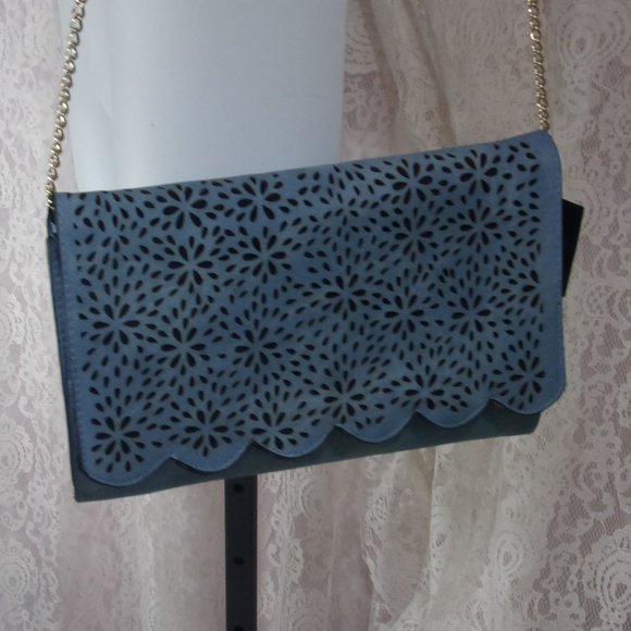 Perfect Image NY Denim Blue Handbag Shoulder/Clutch Laser Cut out design NWT. - Picture 3 of 4